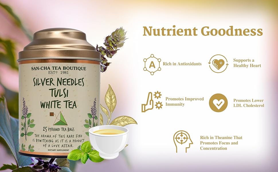 tulsi tea, tulsi white tea bags, indian tulsi tea, holy basil tea, silver needle tea, silver tips