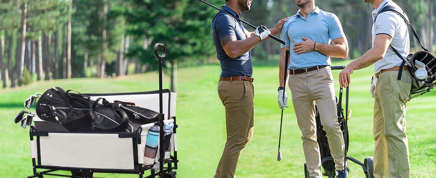 Folding utility wagon with black fabric on metal frame, wheels for mobility. Three golfers in casual attire stand nearby on a golf course with trees in background.