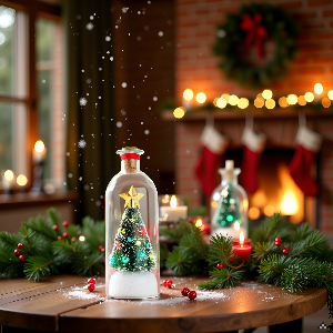 A cozy living room with a crackling fireplace and a Christmas tree adorned with twinkling lights, cr