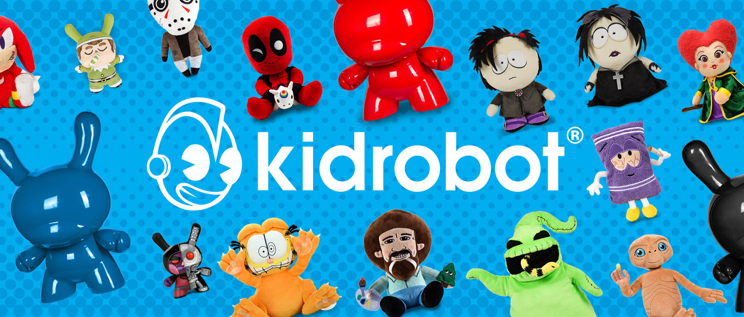 Kidrobot brand logo with different licensed items.