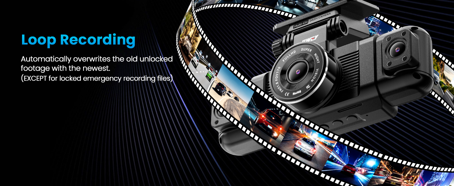 Dash camera with loop recording feature, shown with film strip illustration. Device has a black body and prominent lens, emphasizing continuous footage capture capability.