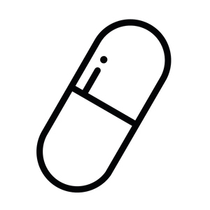 Illustration simple en noir et blanc d'une pilule ou d'un médicament en forme de capsule, présentée dans un style de dessin au trait minimaliste