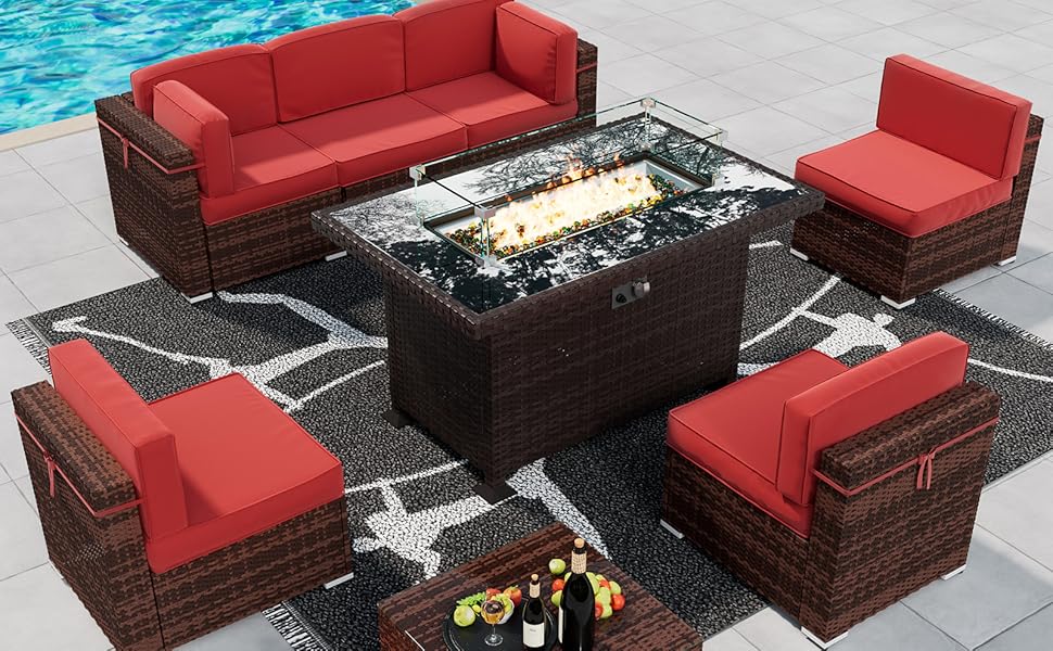 UDPATIO 8 Piece Patio Furniture Sets with Gas Fire Pit