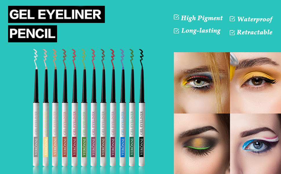 VERONNI 12 Colors Waterproof Eyeliner Pencil Set,Longlasting Eyeline