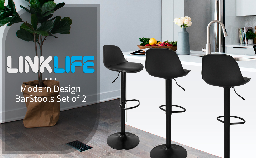 LINKLIFE Black Bar Stools Set of 2 PU Leather Upholstered Counter Height Barstools, Adjustable