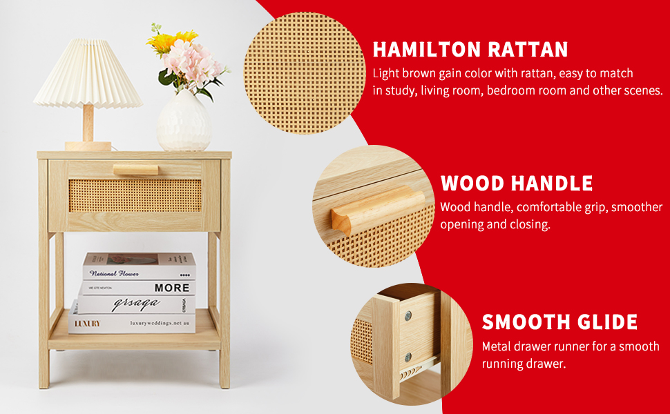 Graficial Nightstand,Rattan Small Nightstand for Bredroom