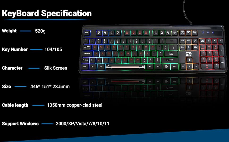 Gaming keyboard with RGB backlighting. Specifications: 520g weight, 104/105 keys, silk screen characters, 446x151x28.5mm size, 1350mm cable, supports Windows 2000/XP/Vista/7/8/10/11.