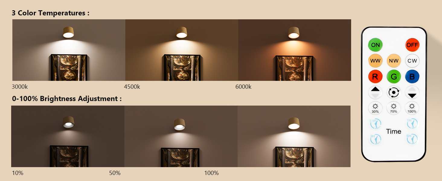 Adjustable light temperature demonstration for lighting fixtures. Shows three color settings (warm to cool) and brightness levels, with a remote control for customization.