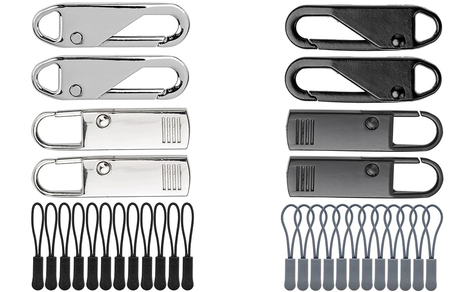 Reißverschluss Anhänger zur Reparatur, 32 Pack, 10 x Metall RV Zipper, 24 x Nylon RV Laschen