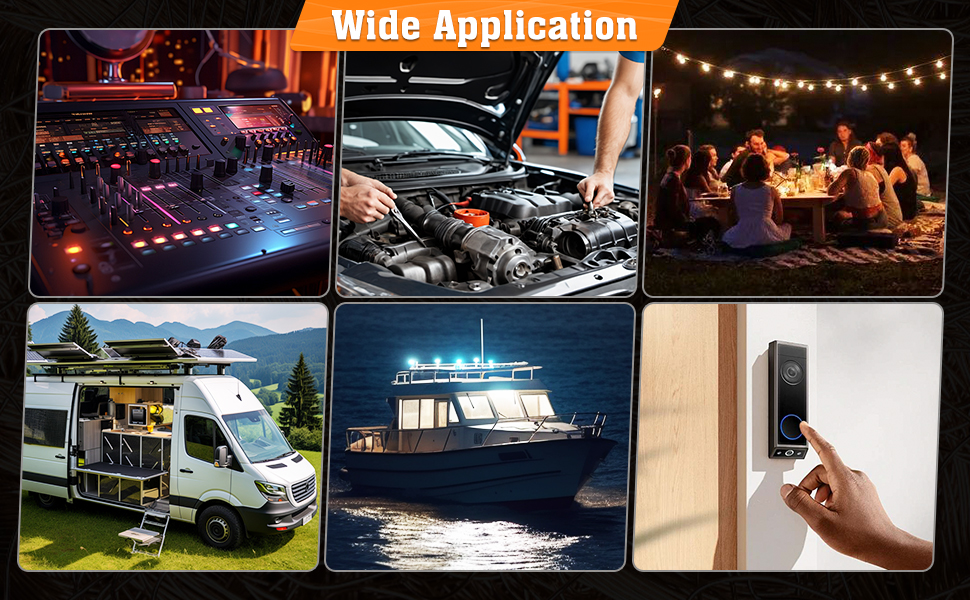 Collage of various outdoor and indoor scenes showing power applications, including boats, RVs, camping, and entertainment equipment.