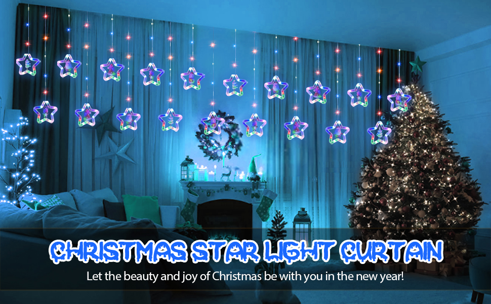 Living room with Christmas tree and star-shaped LED curtain lights. Blue ambient lighting creates festive atmosphere.