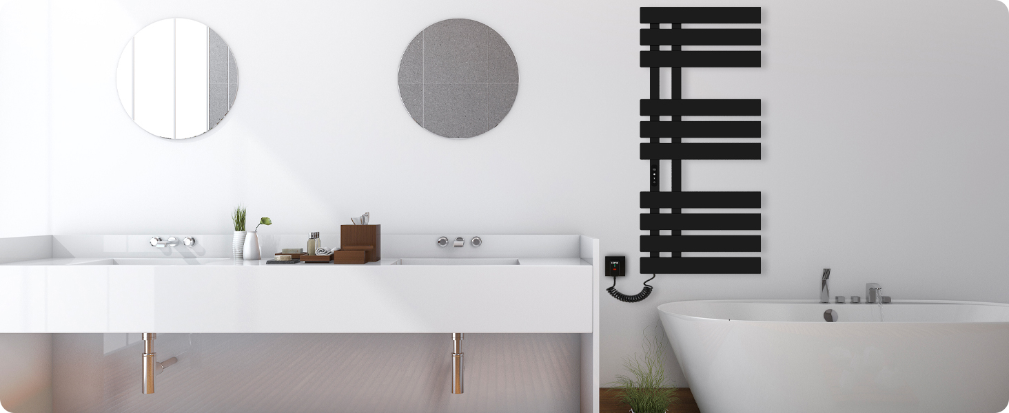 Porte Serviette Electrique, 500x1100mm Chauffe Serviette Thermostatique Intelligent, Mural Radiateur Salle De Bain, Serviettes Chauffant Seche, économie D'énergie, Affichage LED, Noir, Droite 21 Porte-serviettes électrique