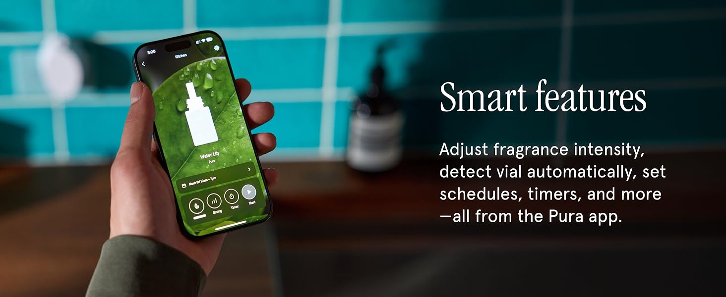 Pura Mini Smart Fragrance Diffuser for Small Spaces Adjustable Smart Home Device with LED Light & Automatic Vial Detection - Includes 1 Scent Refill; Lemon 15 Smart Features - Pura app