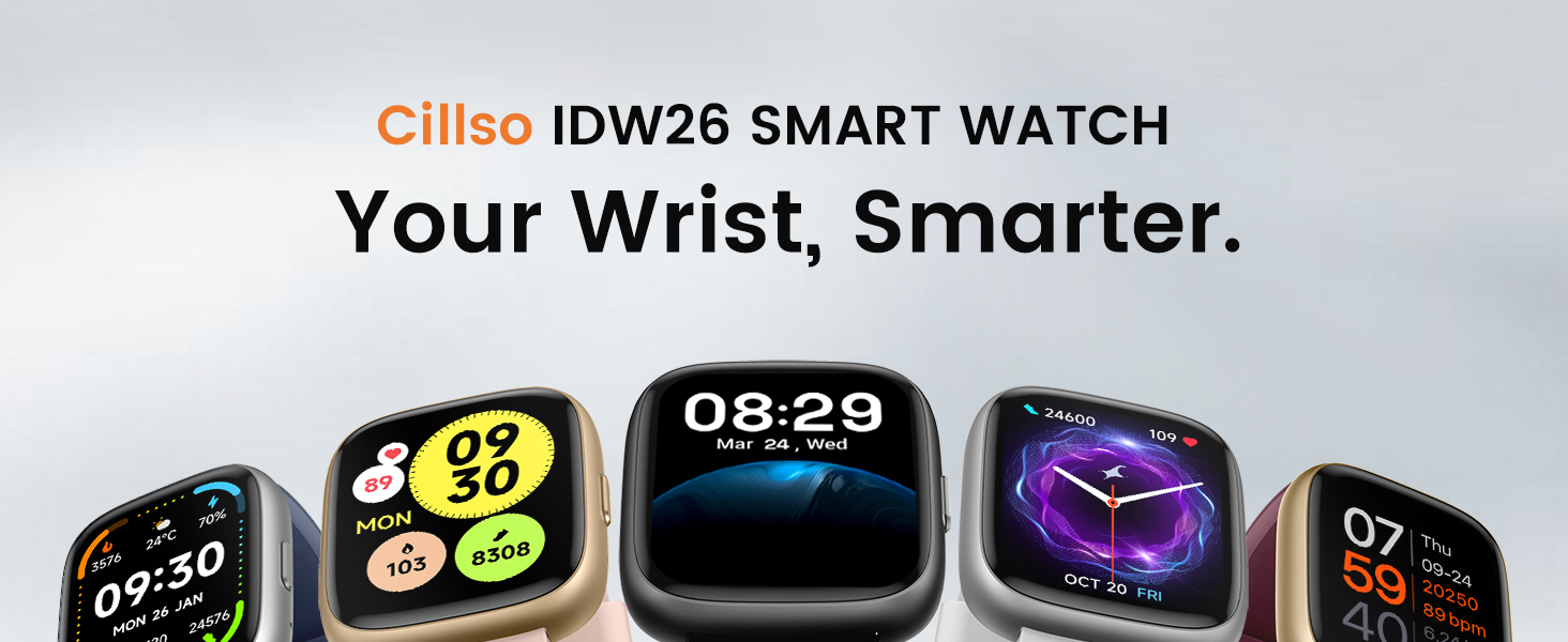 Text reads 'Gllko iDW26 SMART WATCH Your Wrist Smarter.' Product advertisement showing smartwatch faces with colorful digital displays.