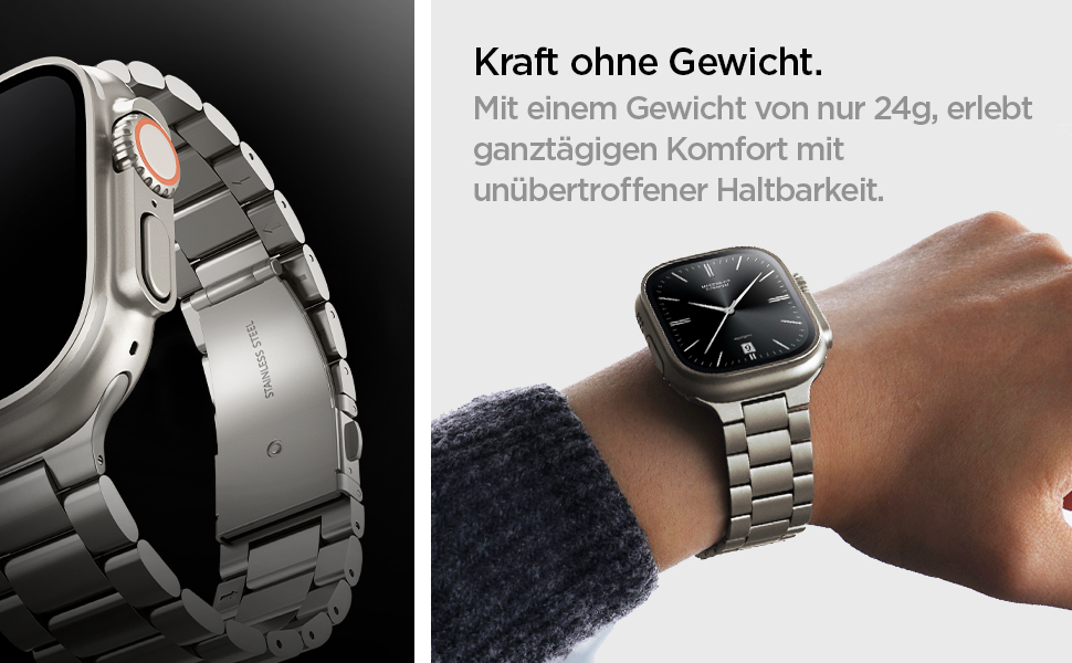 Κομψό Smartwatch mit quadratischem Zifferblatt und Metallband. Zu den Funktionen gehören eine digitale Krone und eine Seitentaste. Abgebildet am Handgelenk und στο Nahaufnahme der Bandbefestigung. Der Text erwähnt ein Gewicht von 24 g und bietet ganztägigen Tragekomfort