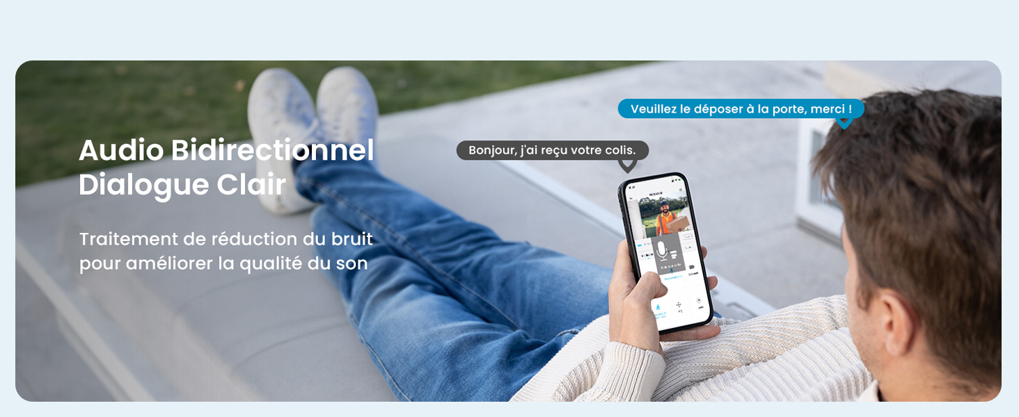 Le texte indique « Le bouton audio active les signaux de dialogue ». Démonstration de l'interface du produit montrant l'écran de l'application pour smartphone.