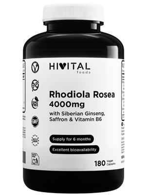 Le texte indique « HIVITAL Rhodiola Rosea 4000 mg 180 gélules ». Flacon de supplément noir avec étiquette blanche indiquant les informations sur le produit.