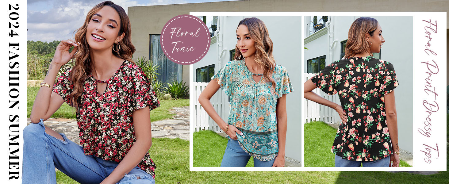 Summer Tops Ruffle Short Sleeve Shirts Casual Loose Tunic Blouses to Wear with Leggings