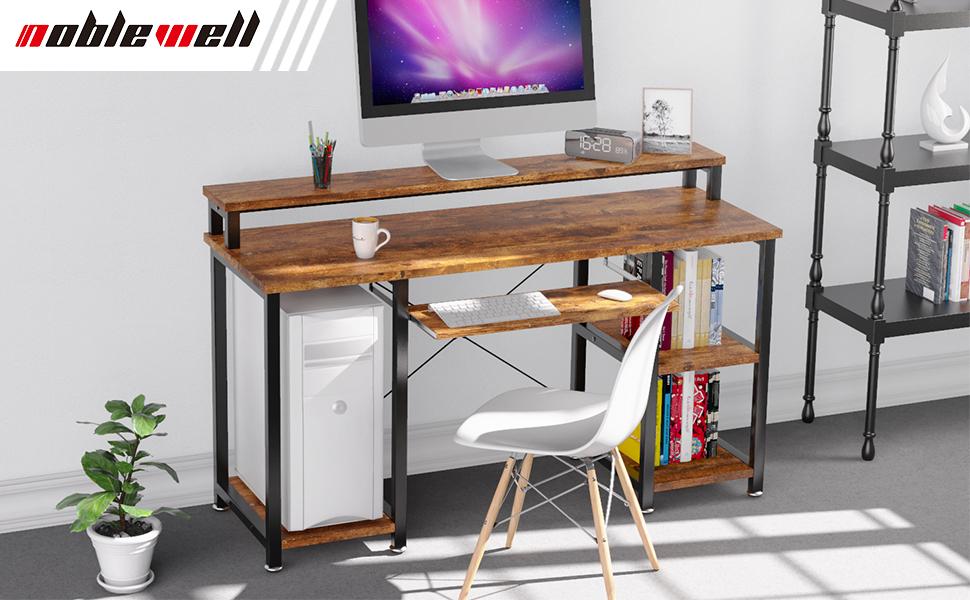 NOBLEWELL NWCD1V Computer Desk with Monitor Stand Storage Shelves Keyboard Tray