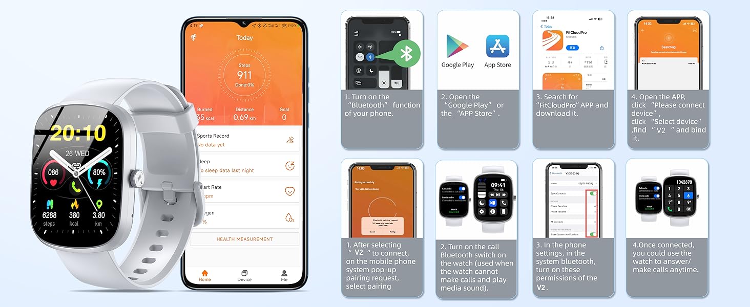 Smart watch with silver case and white band shown alongside smartphone displaying various app interface screens and fitness tracking features.