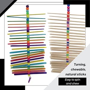 Colorful natural bird toy handcrafted with sticks beads safe materials fun spinning chewing engaging