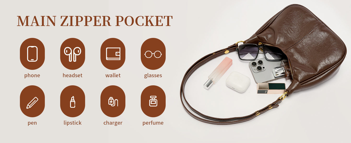 Secure essentials in this chic brown leather purse with main zipper.