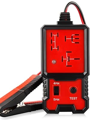 Red and black automotive electrical circuit tester. Compact device with digital display, test probes, and labeled ports for various testing functions.