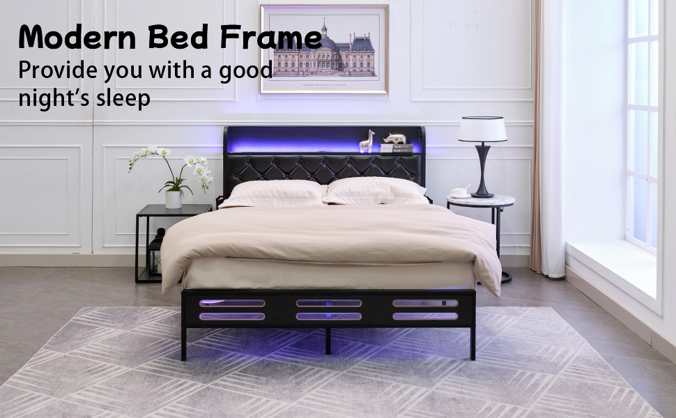 EDWELL Queen Size Bed Frame with Charging Station, Black