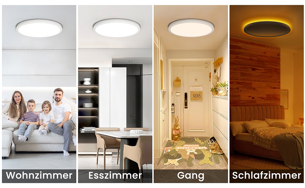 Vergleich von LED-Deckenleuchten in verschiedenen Räumen: Wohnzimmer, Esszimmer, Flur und Schlafzimmer mit verschiedenen Lichteffekten und Installationen