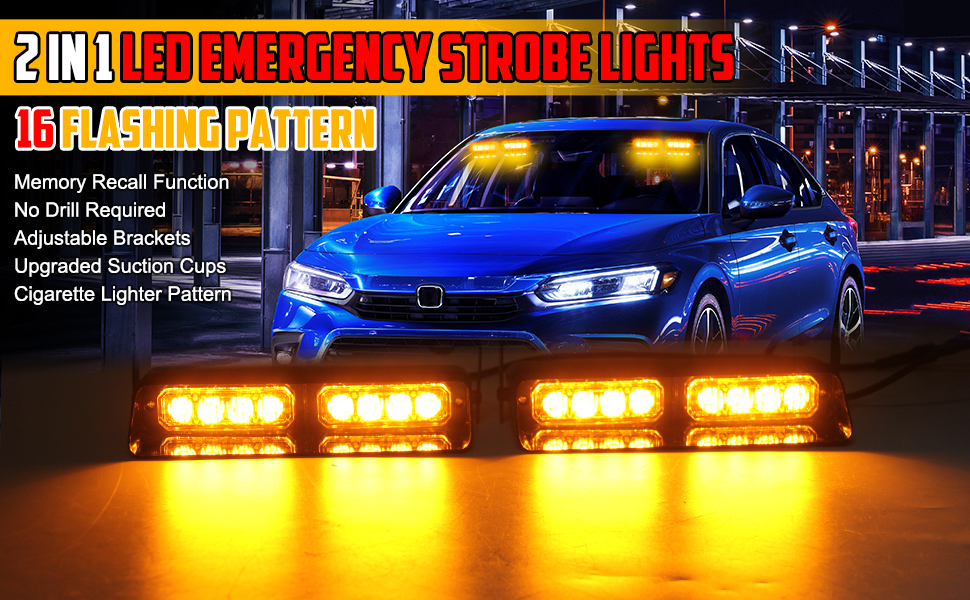 2Pcs Amber Emergency Dash Strobe Lights, 16 Flashing Modes Interior
