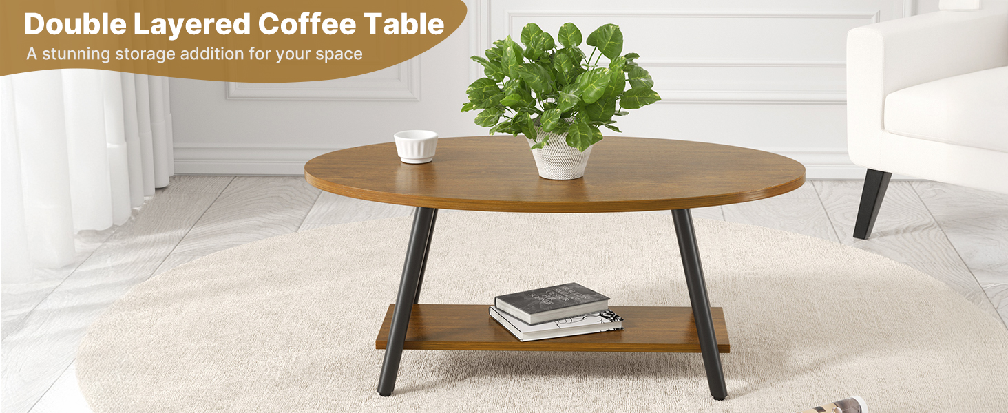 Oval wooden coffee table with double layered design. Top surface is light brown wood, supported by black metal legs. Lower shelf provides additional storage space.