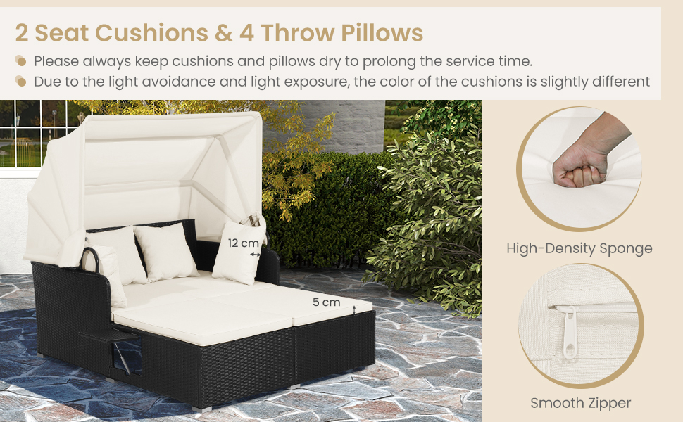 Outdoor Rattan Daybed W/Retractable Canopy