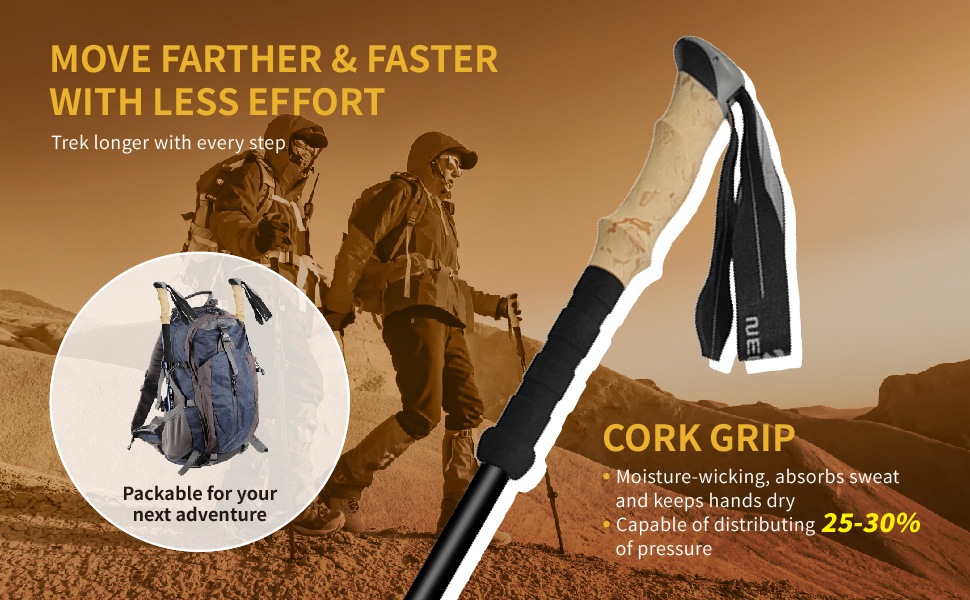 Lightweight trekking poles with cork grip, all-terrain tips, aircraft aluminum, portable design