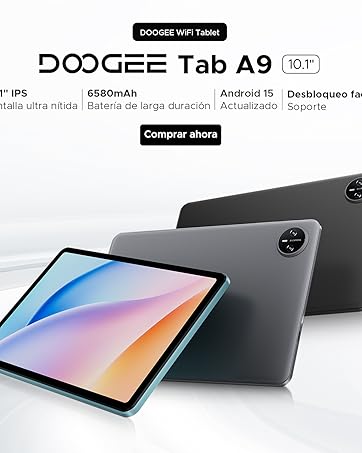 El texto dice «DOOGEE Tab A9» «Limiterte Zeit». El anuncio muestra la tableta en color gris desde varios ángulos con una pantalla de visualización degradada visible.