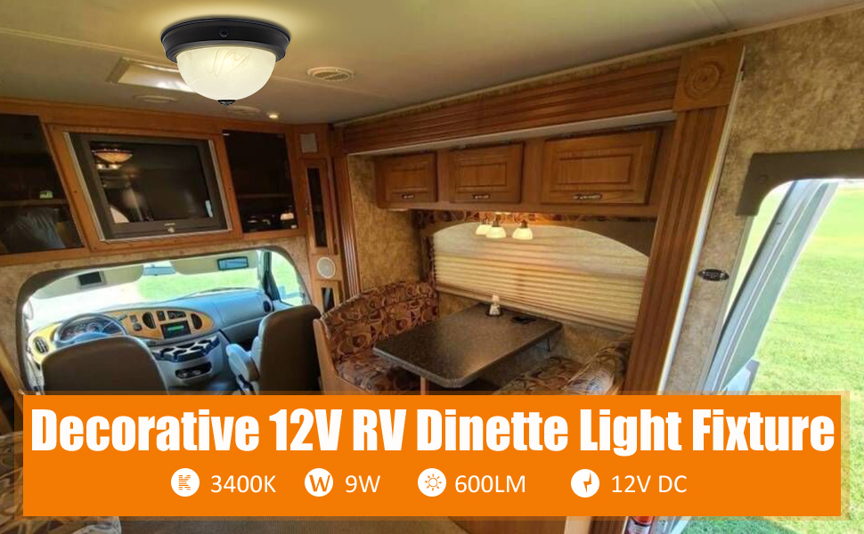 Facon 10'' RV LED Ceiling Light with Switch, Alabaster Glass Shape, Decorative 12V RV