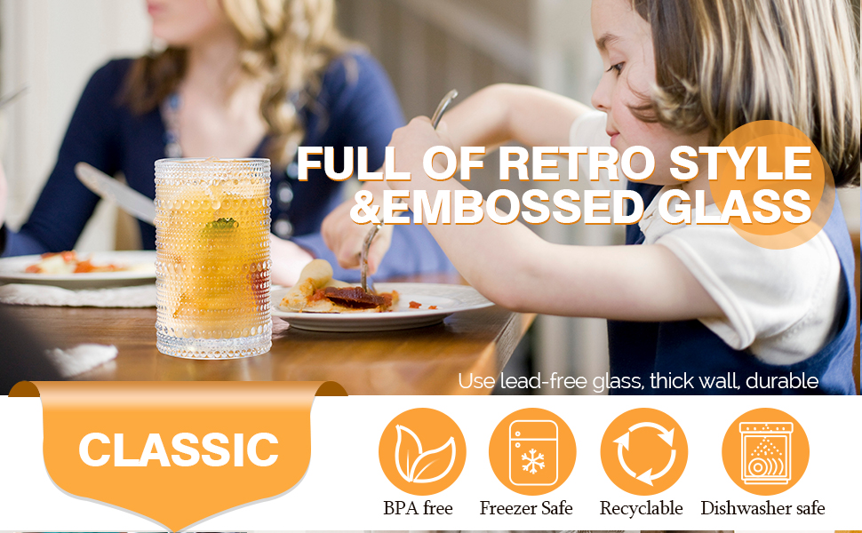 BPA-free, freezer-safe, recyclable, dishwasher-safe classic glassware