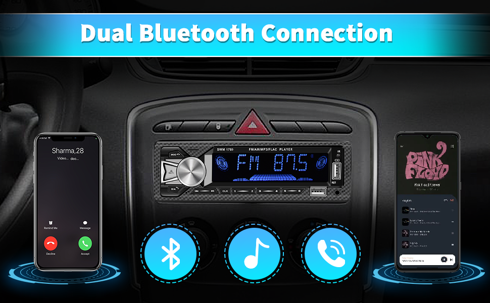 Hikity 1Din Autoradio mit Bluetooth Freisprecheinrichtung, Dualer BT Anschluss, MP3/FM Player