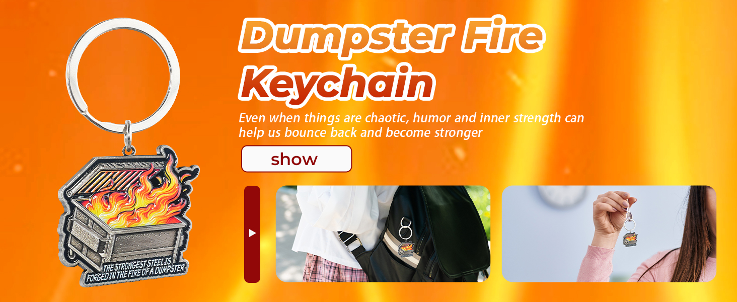 dumpster fire keychain, dumpster fire