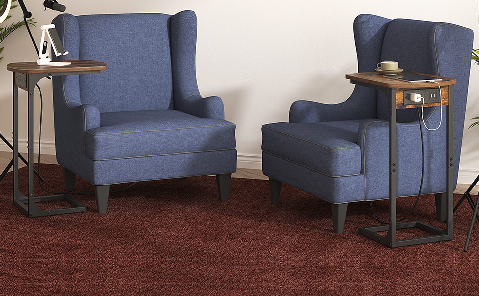 Hzuaneri L Shaped End Table with Charging Station, Bed Side