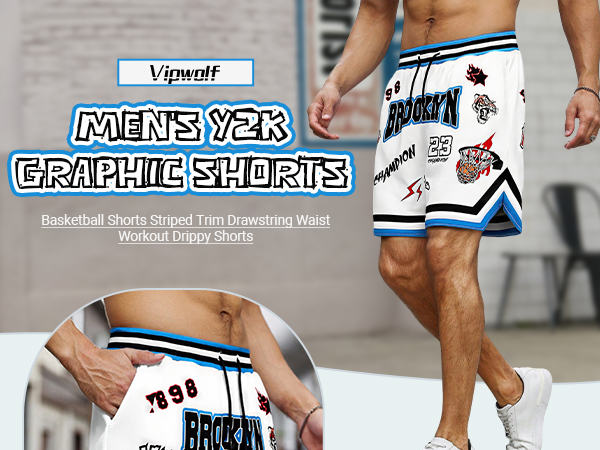 VIPWOLF Men's Y2K Graphic Basketball Shorts Striped Trim VIPWOLF Men's Y2K Graphic Basketball Shorts Striped Trim