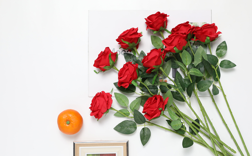 Laelfe 12 Pcs Red Artificial Roses, 21in Realistic Single Long Stem