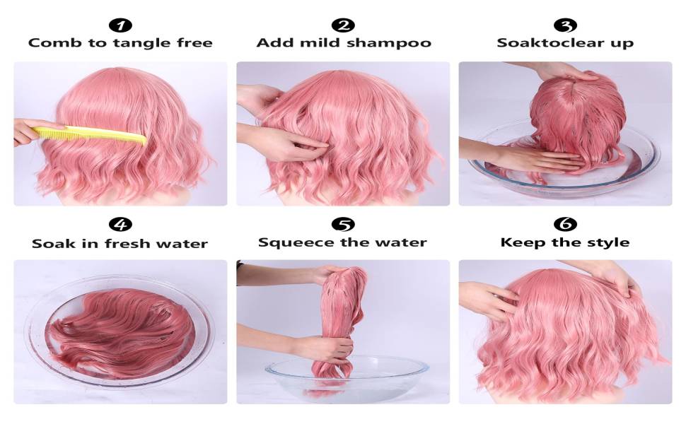 Hot Pink Wig with Bangs, Light Pink Wig, Short Pink Wig Human Hair, Pink Curly Wig, Wig Care