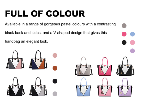 Text reads 'FULL OF COLOUR'. Product display showing handbags in various pastel colors and styles, arranged in multiple rows with color dots indicating available options.