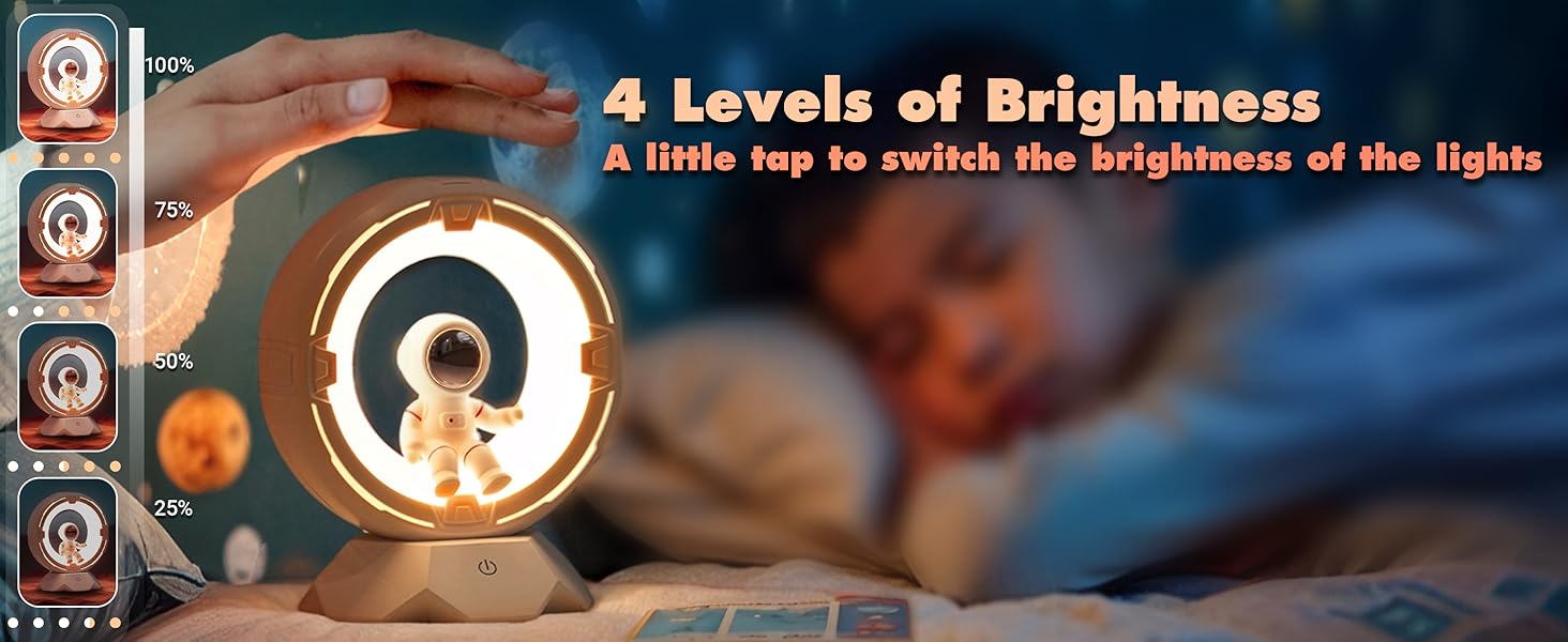 Circular night light with astronaut figure inside, featuring 4 brightness levels adjustable by touch. Shown in use near a sleeping child.