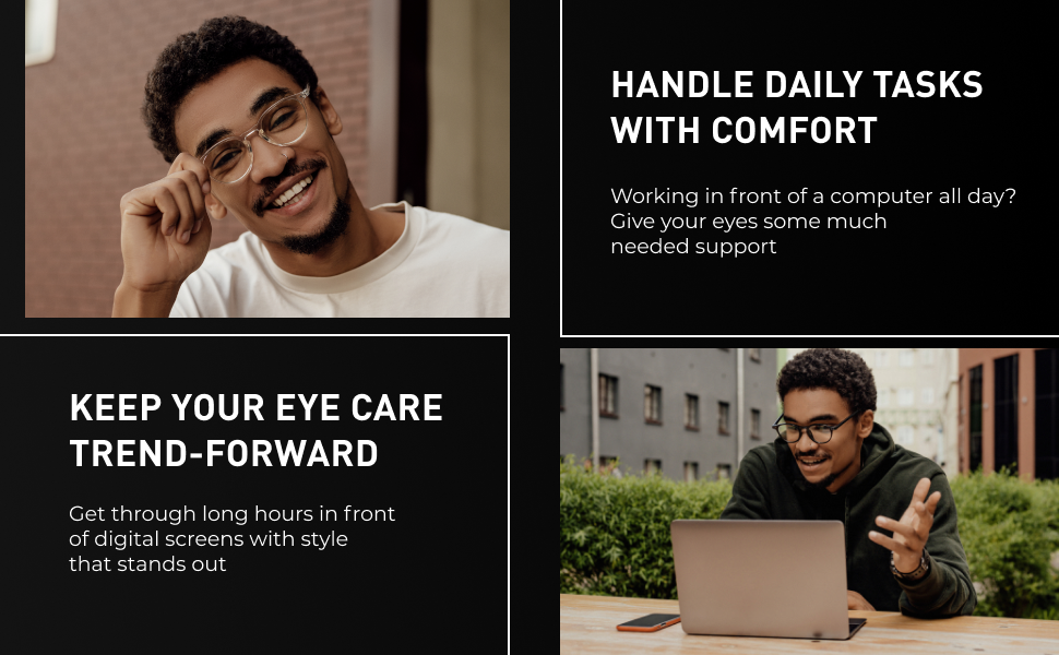 young man with blue light blocking glasses posing and looking at his laptop 