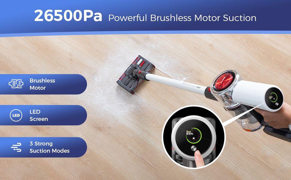 Cordless Vacuum Cleaner with LED Screen, Double HEPA Filter, Redroad 450W 26500Pa 6