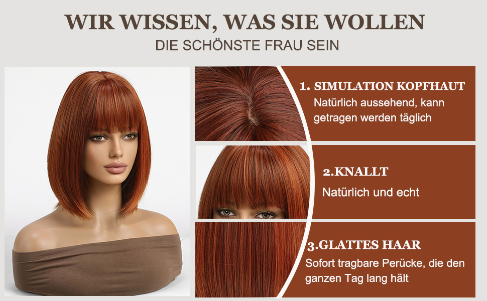 Esmee Kurze Gerade Auburn Bob Perücken mit Fransen