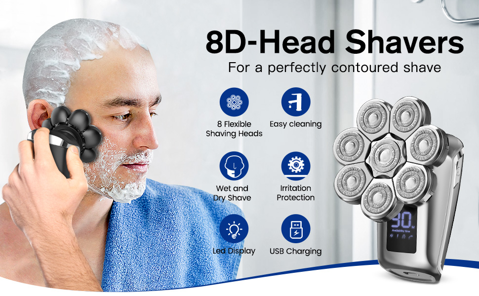 Mr.wintek 8D Electric Head Shavers for Bald Men, 9 in 1 Head Shaver with LED Display