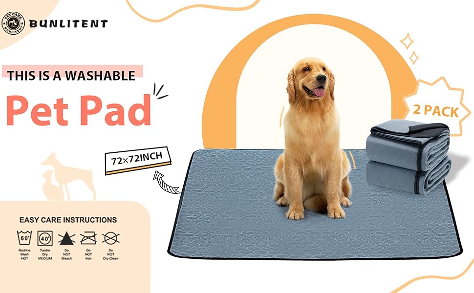 Bunlitent Washable Pee Pads for Dogs 72X72, 2 Pack, Highly