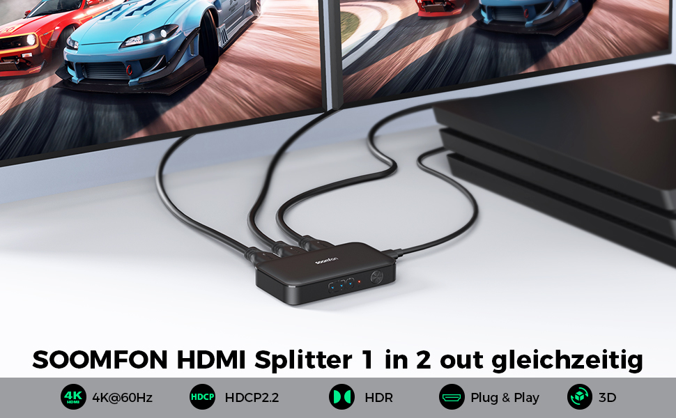 4K60Hz HDMI Splitter 1 in 2 Out, HDMI Verteiler 1 in 2 Out unterstützt HDCP 2.2, 3D, UHD, CEC